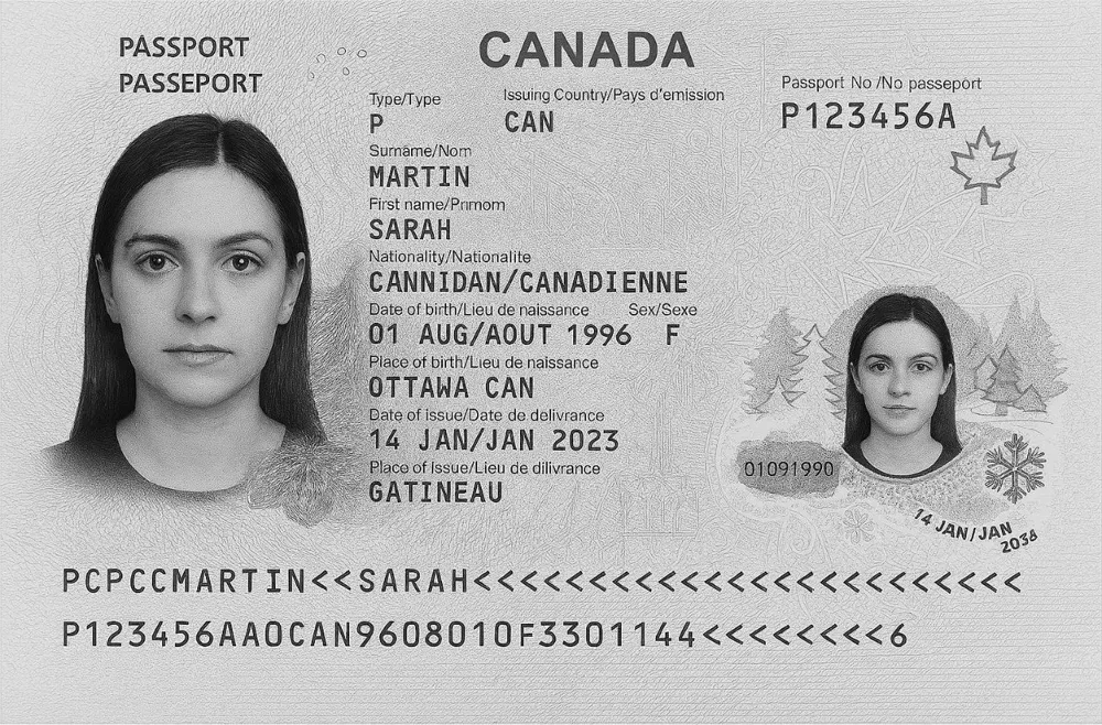 El pasaporte canadiense de Sarah Martin tal como lo escaneó: pasaporte P123456A, apellido Martin, nombre Sarah, nacida el 1 de agosto de 1996 en Ottawa, expedido el 14 de enero de 2023 en Gatineau, caduca el 14 de enero de 2038.