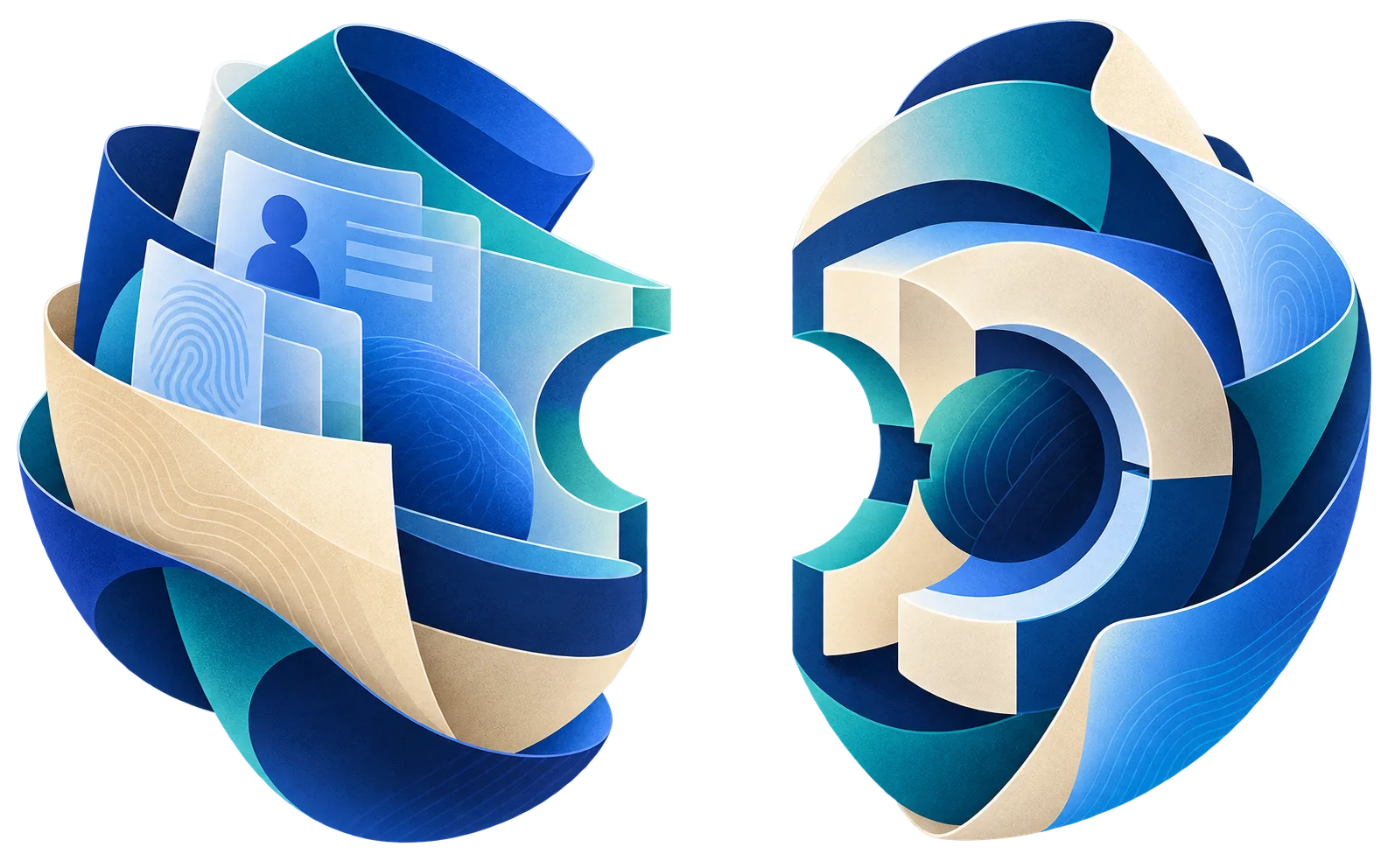 Two sculpted halves of one whole, held apart by a gap: the left cradles a person’s documents, the right holds the mechanism that opens them.